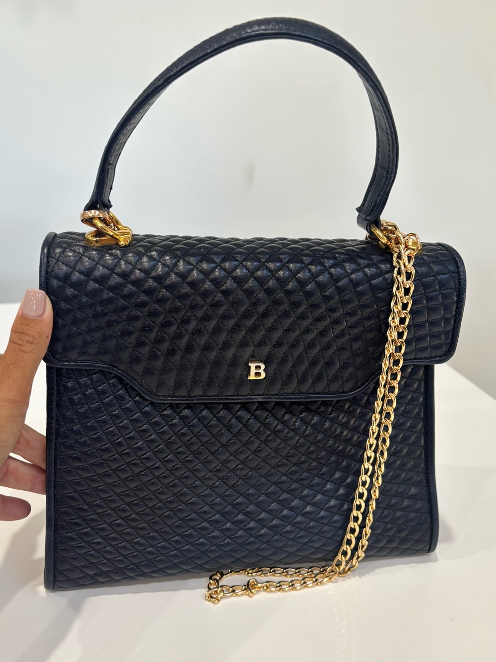 Bally Navy Quilted Leather Top Handle Satchel Chain Bag